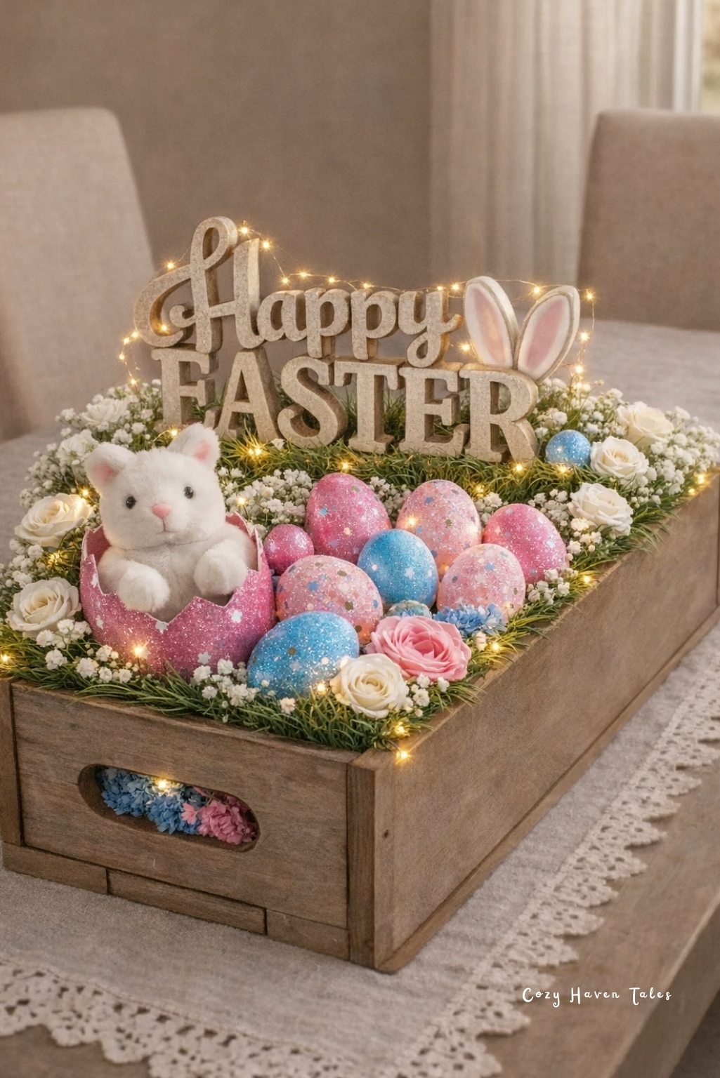 Wooden crate centerpiece filled with pastel eggs, bunny figurine, and Happy Easter sign.