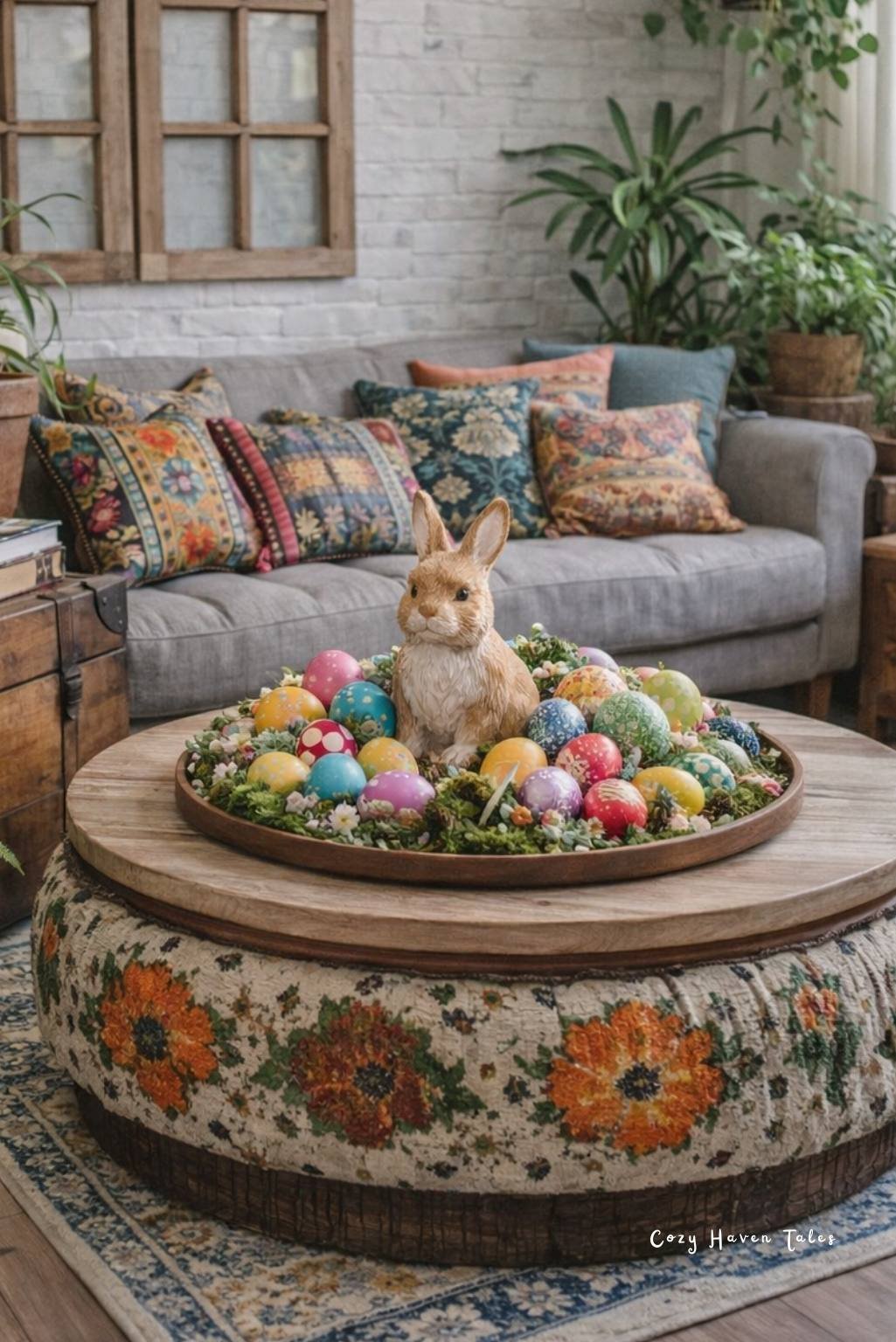 Round upholstered coffee table styled with pastel eggs and bunny accents in a cozy living room.