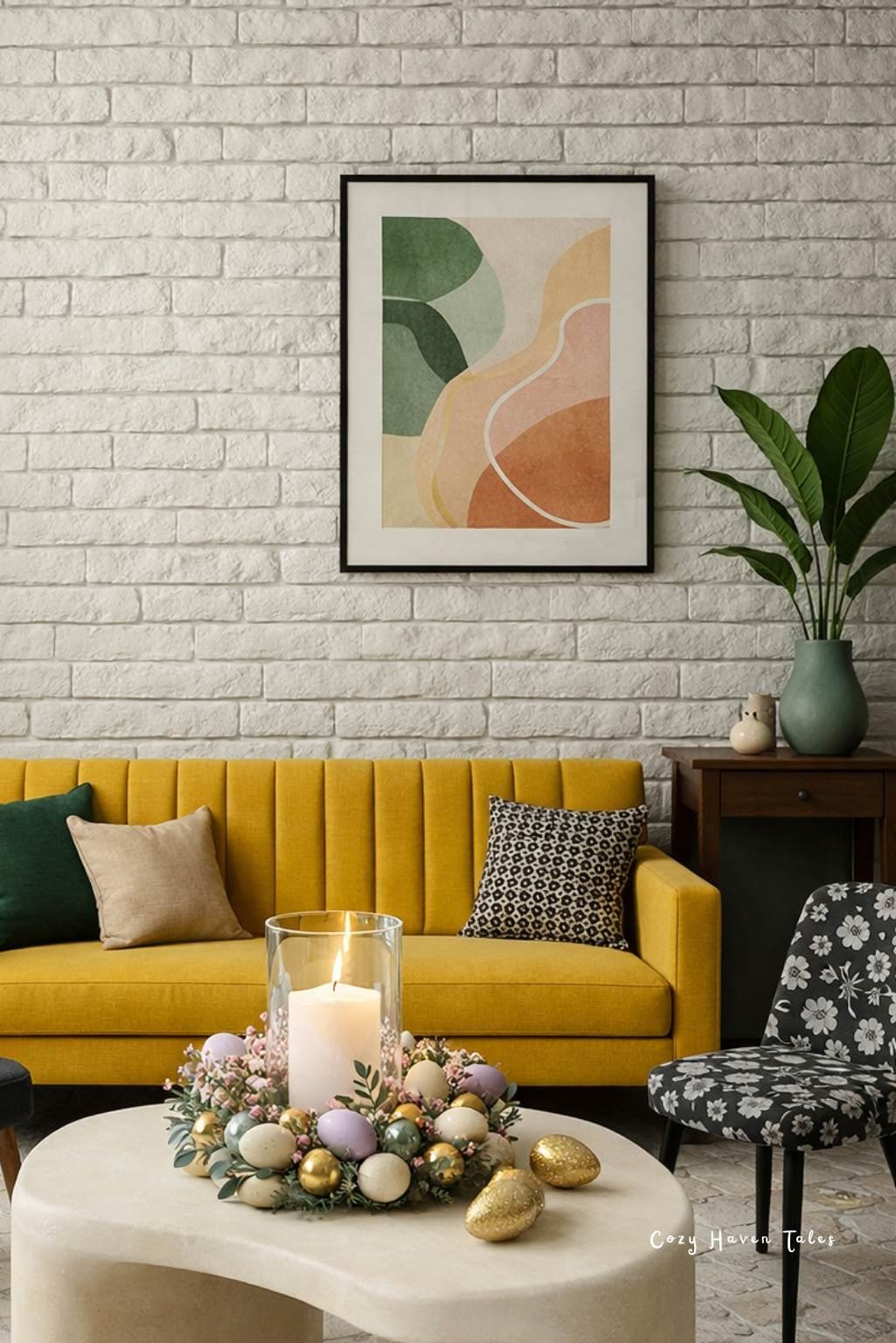 Modern living room side table with candle, greenery, and decorative Easter eggs.