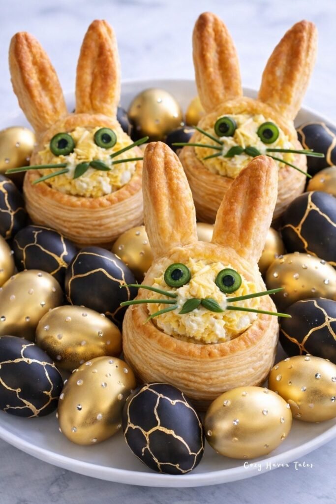 Easter bunny-shaped bread rolls placed on a plate with decorative golden eggs.