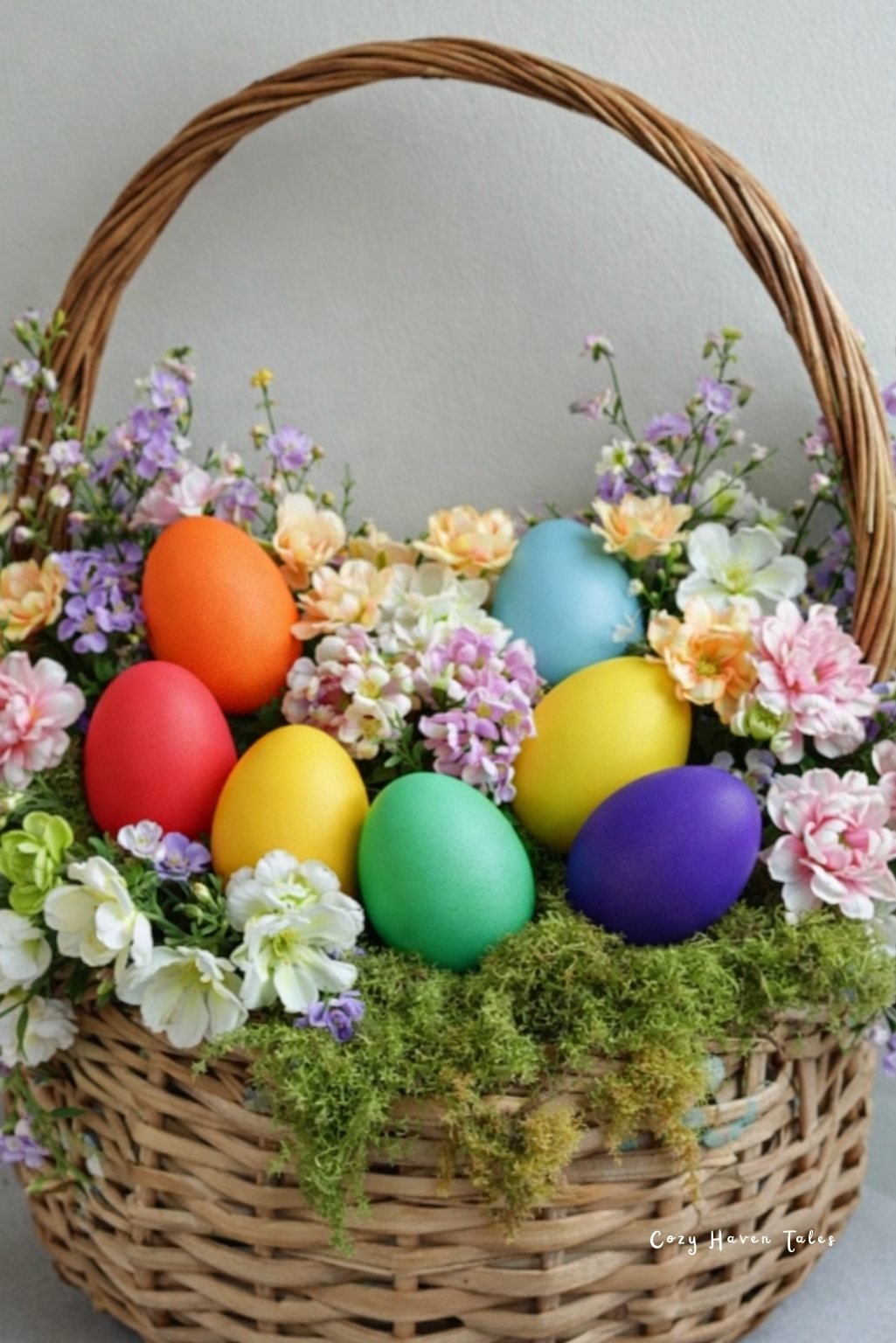 Woven basket filled with colorful Easter eggs and delicate spring flowers.