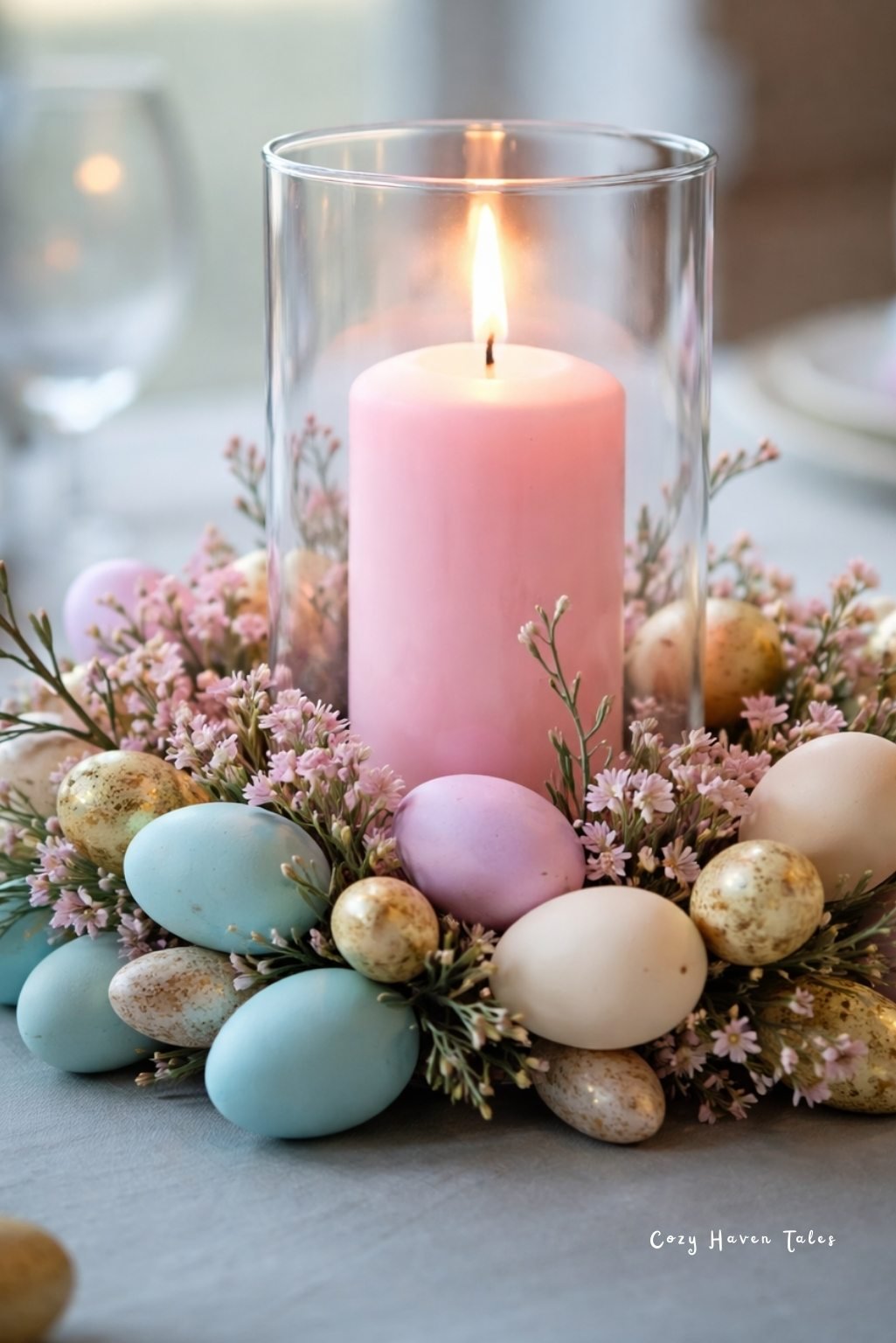Pink candle surrounded by pastel eggs and blossoms for elegant easter table decor.