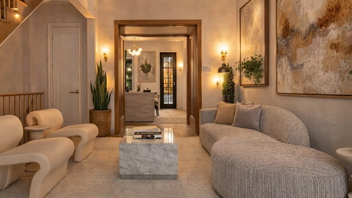 Warm living room with curved sofa, sculptural chairs, and soft lighting reflecting 2026 home decor trends.