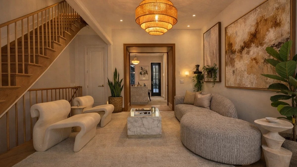 Modern living room showcasing professional interior design elements such as space planning, furniture layout, lighting, and décor styling.