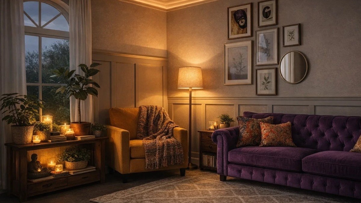 Relaxing corner at home with soft lighting, cozy seating, candles, and warm textures creating a calm and inviting atmosphere