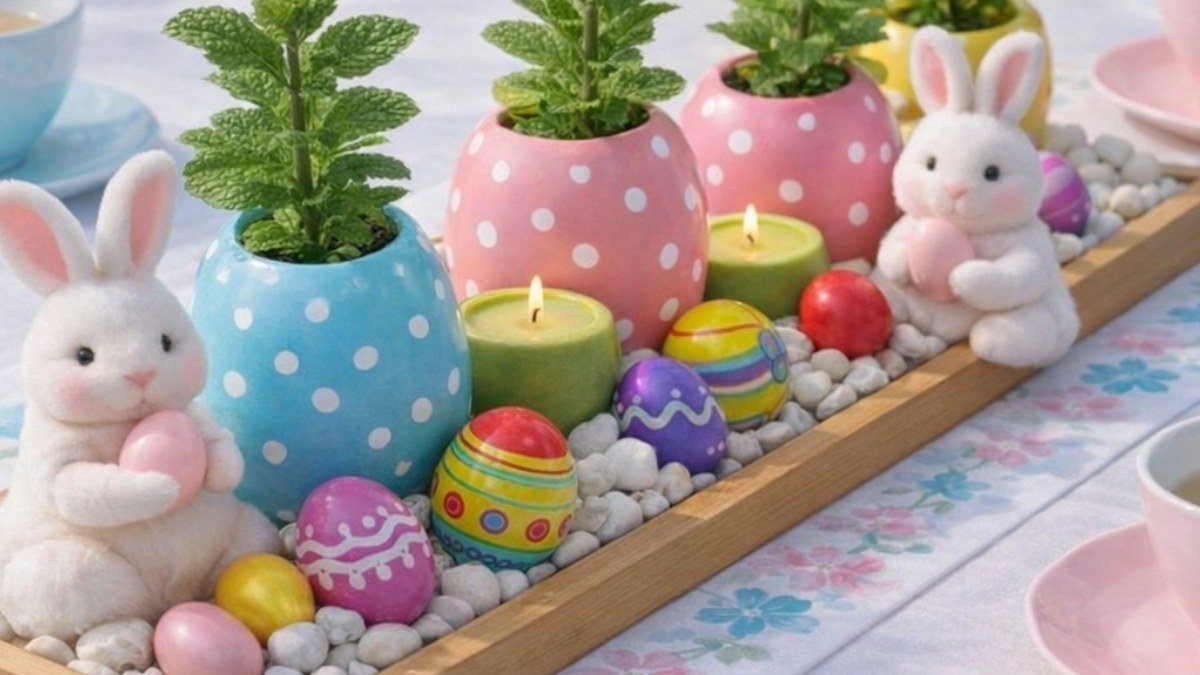 Easter table decor featuring pastel polka dot egg planters, bunny figurines, colorful painted eggs, and candle accents in a wooden tray.