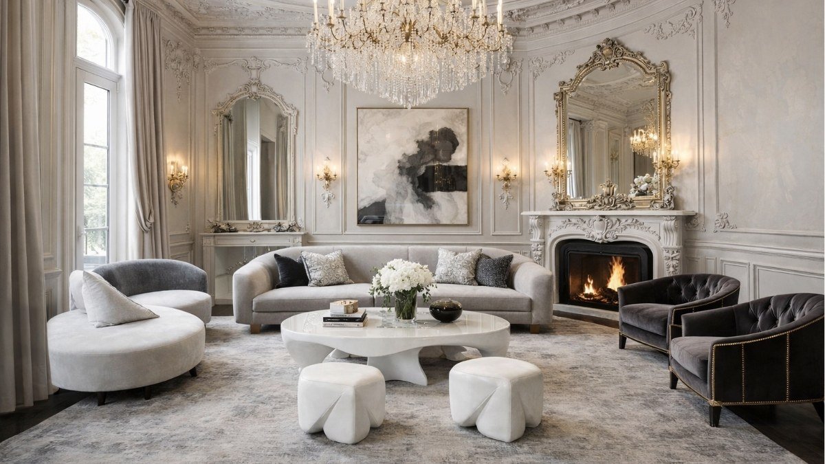 Rococo interior design living room with ornate wall moldings, crystal chandelier, gilded mirrors, curved seating, and marble fireplace.