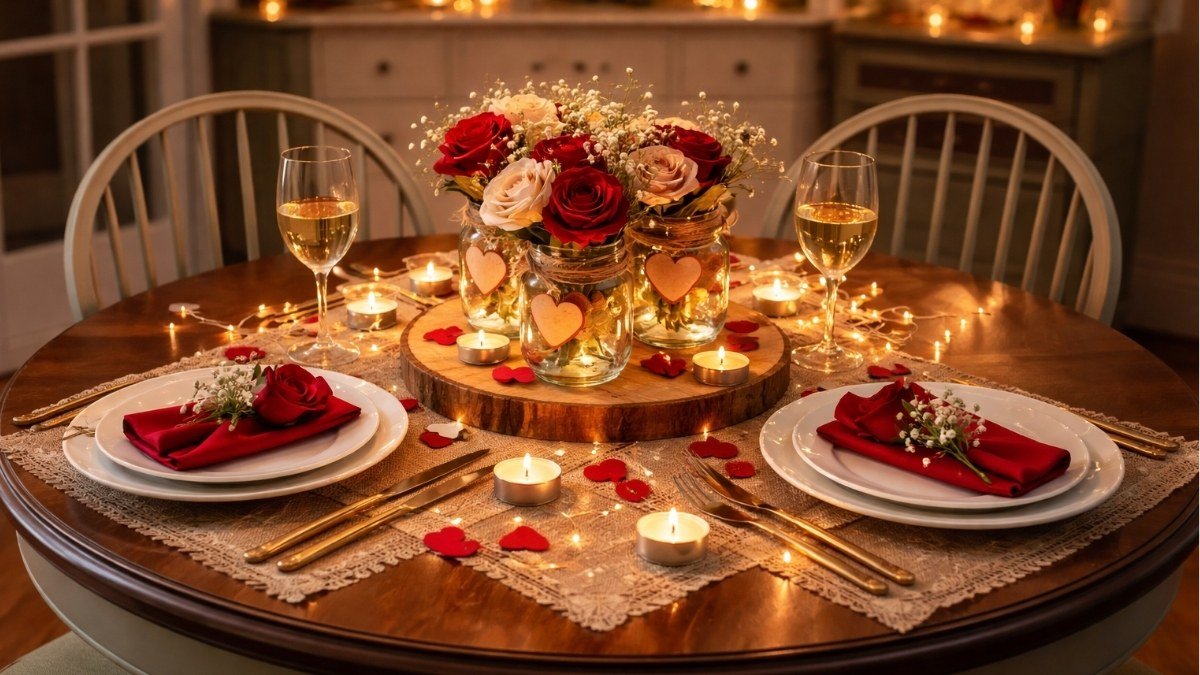 Men friendly ideas to decorate a table for Valentine’s Day with candles, rose petals, and romantic dinner setting