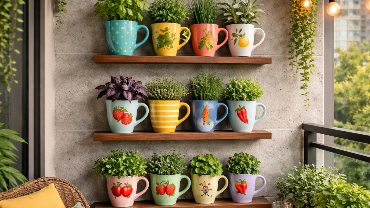 Colorful teacup garden idea with herbs and greenery displayed on wooden wall shelves in a cozy balcony setting
