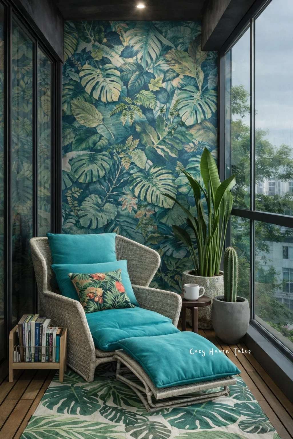 Relaxing corner at home near a window with a comfortable lounge chair, plants, cushions, and natural light for a calm retreat