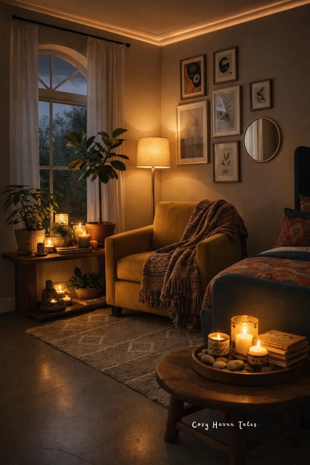 Relaxing corner at home with a cozy armchair, warm ambient lighting, candles, and minimalist decor for evening relaxation
