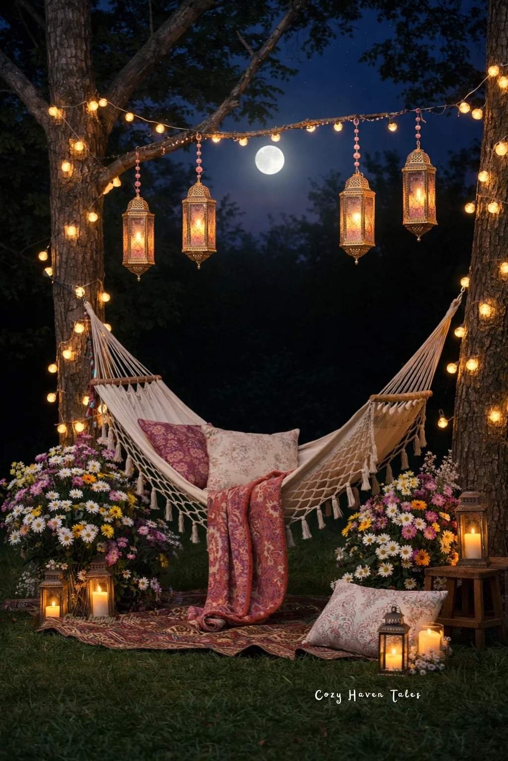 Outdoor relaxing corner at home with a hammock, string lights, cushions, and plants creating a peaceful garden retreat