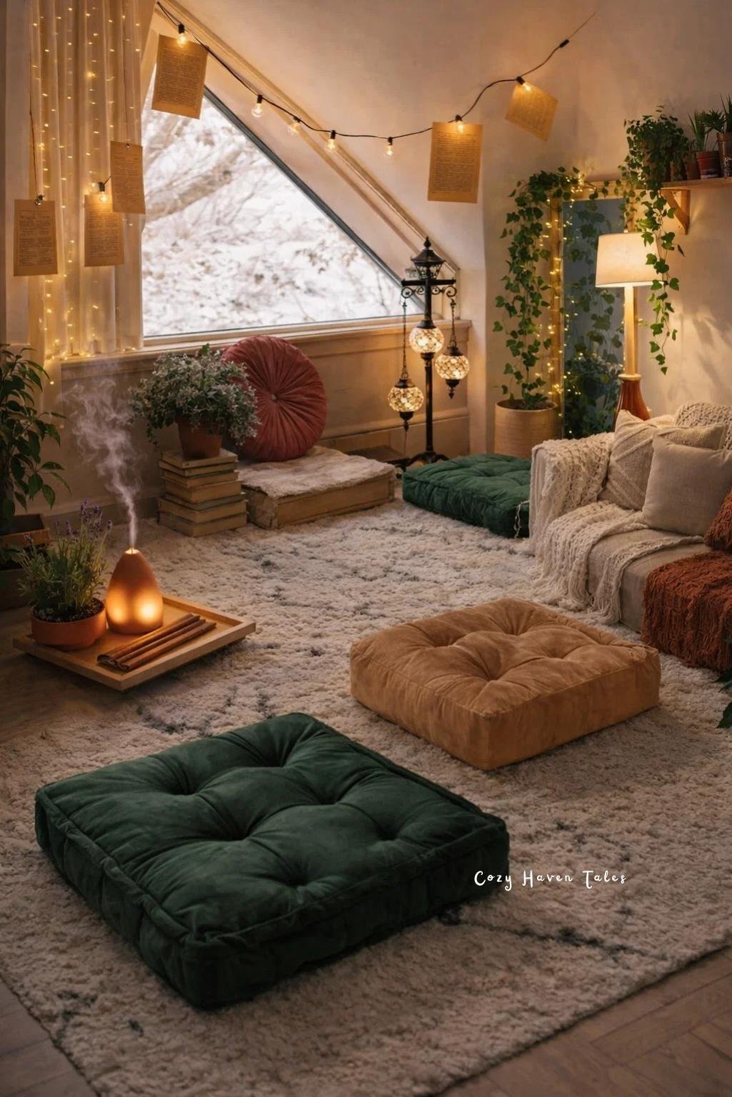 Relaxing corner at home with floor cushions, layered textiles, soft lighting, and plants creating a cozy bohemian retreat