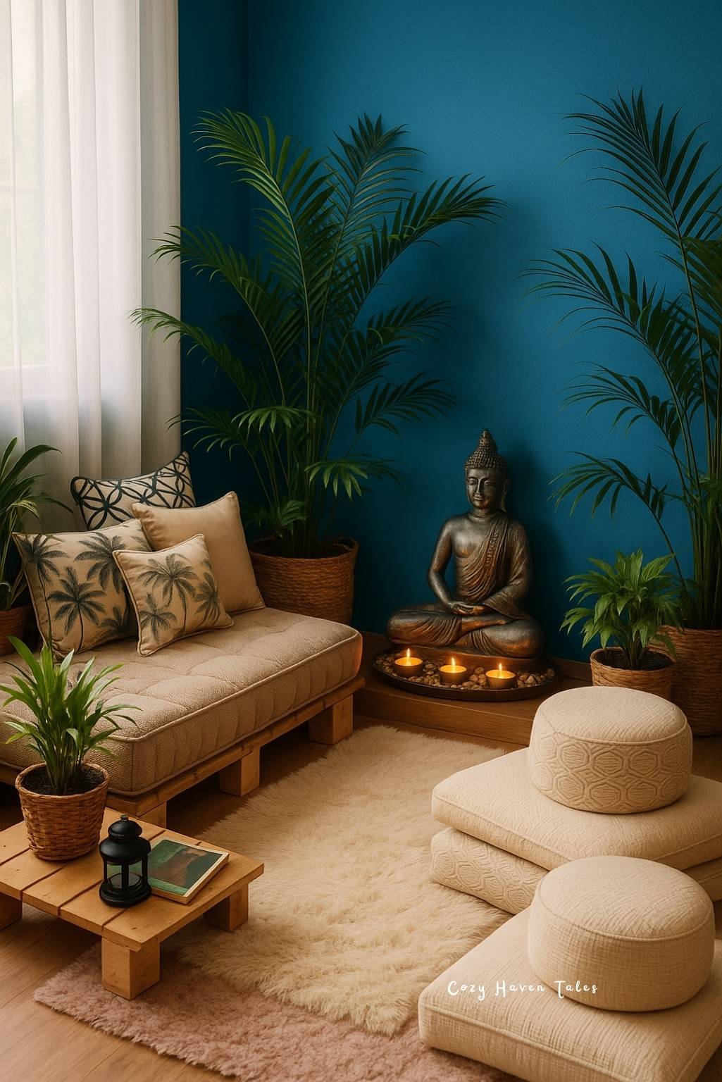 Relaxing corner at home with floor seating, plants, and soft neutral tones designed for meditation and mindful relaxation