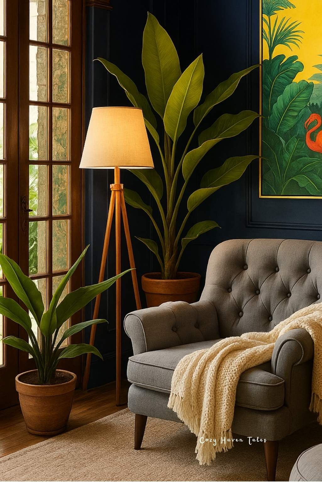 a cozy armchair, indoor plants, and soft lamp lighting creating a peaceful and inviting space