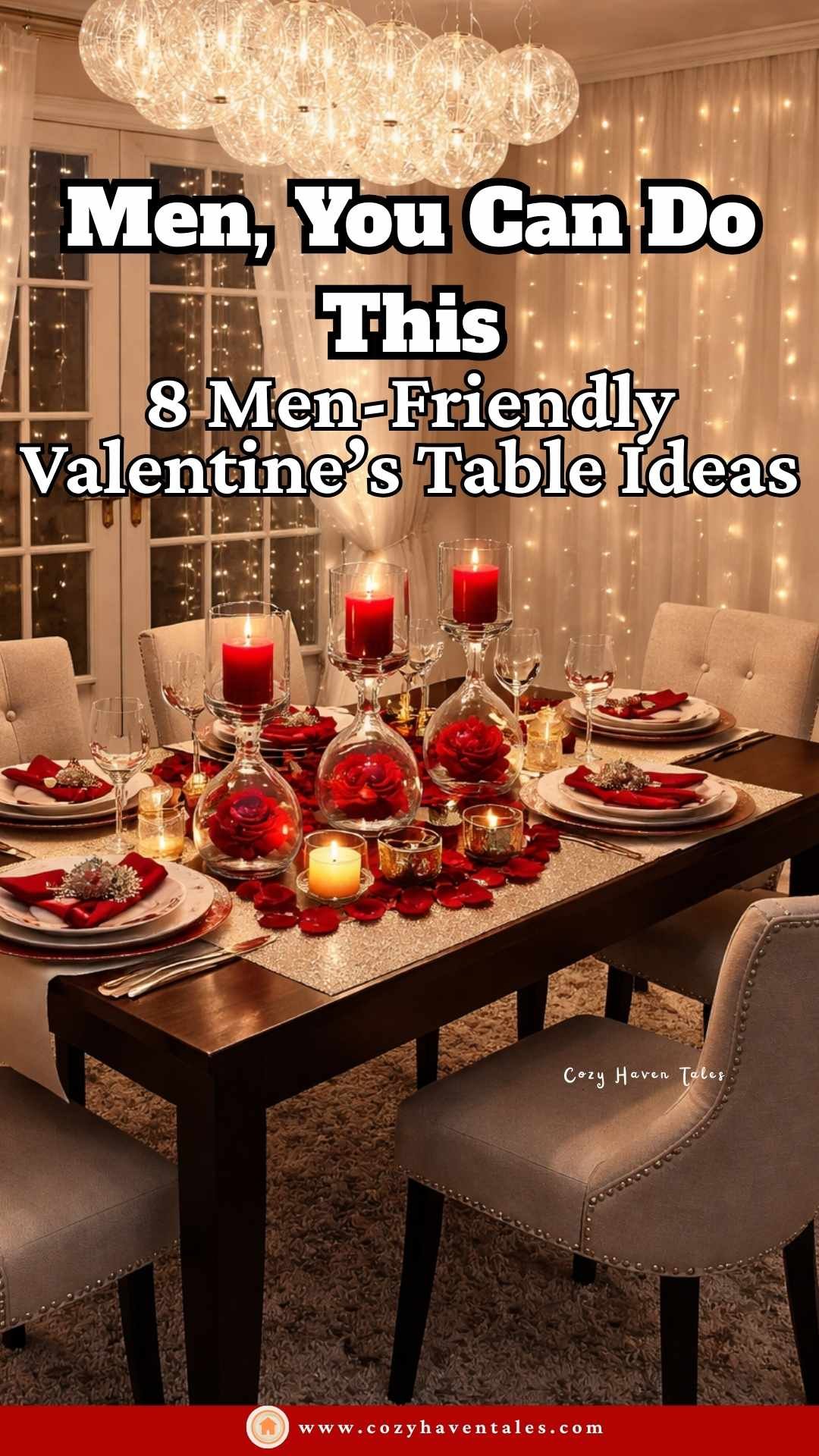 Ideas to decorate a table for Valentine’s Day featuring simple, men-friendly romantic table setup with candles and rose petals.