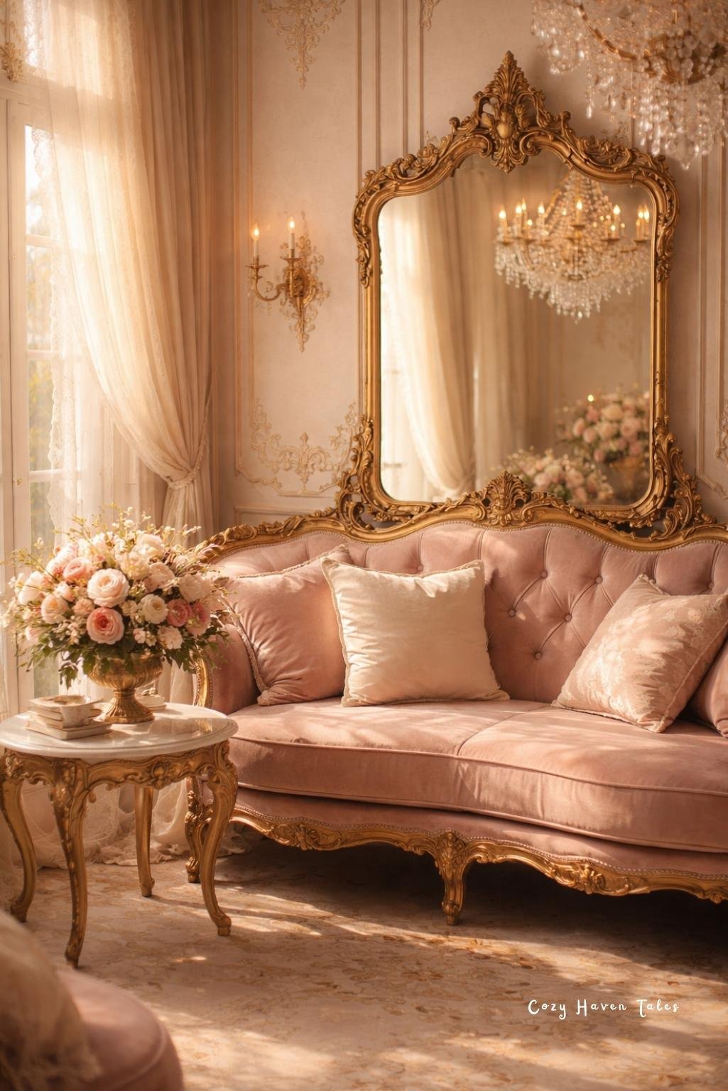 Elegant rococo interior design living room with blush velvet sofa, gilded mirror, crystal chandelier, and ornate gold moldings.