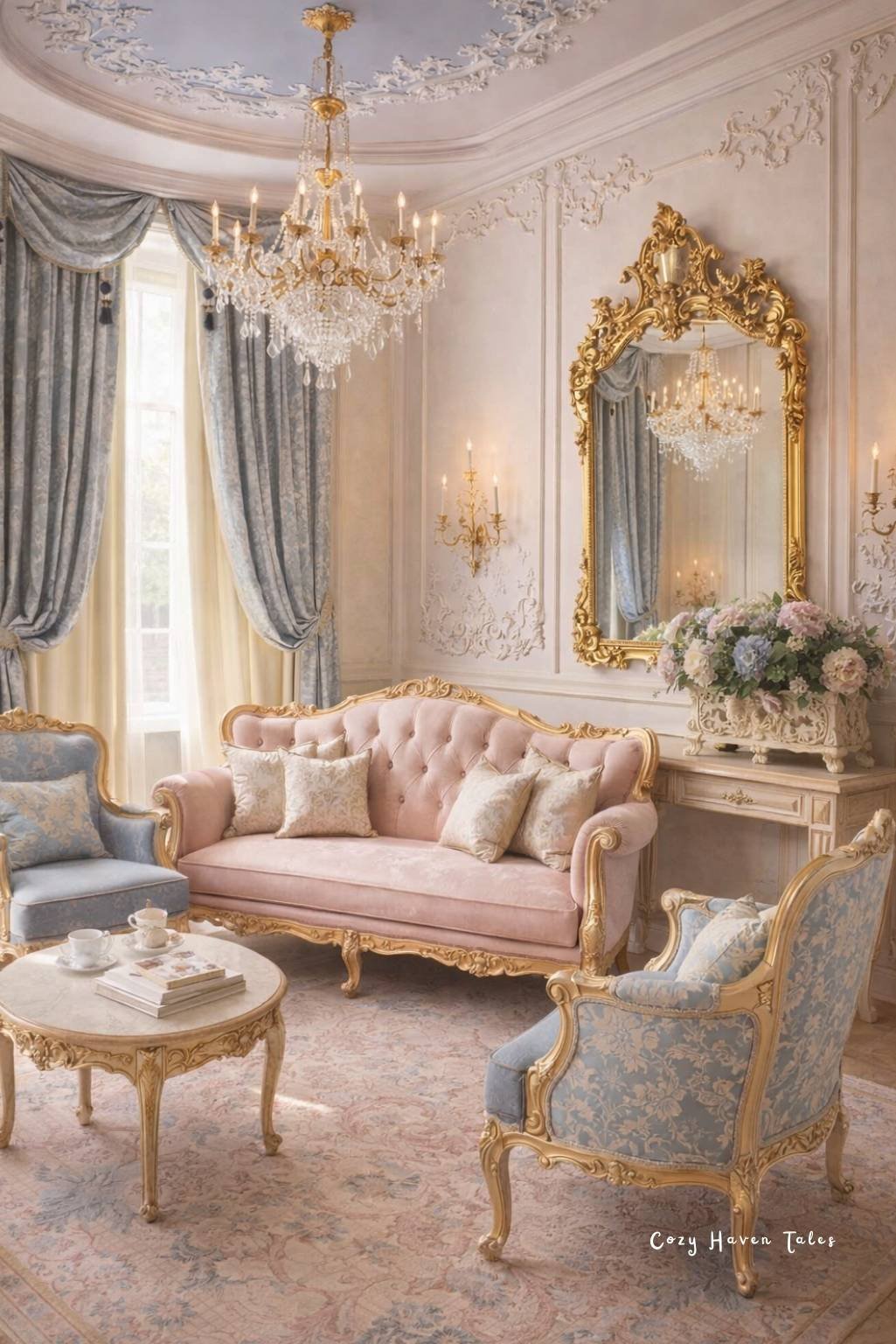 Rococo style living room with blush tufted sofa, gilded mirror, crystal chandelier, and ornate wall moldings.