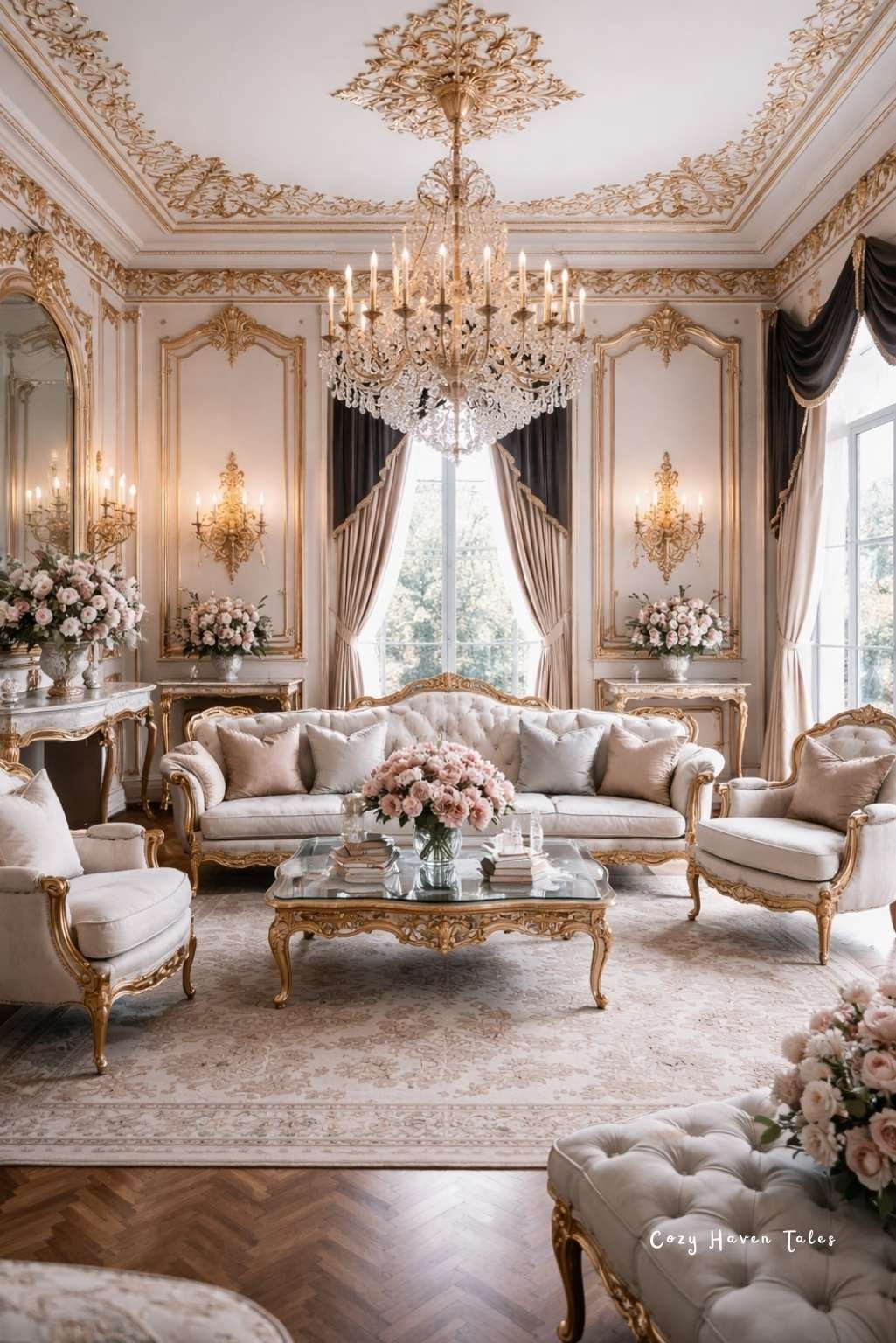 Grand rococo interior design salon with crystal chandelier, pastel seating, gold trim moldings, and parquet wood flooring.