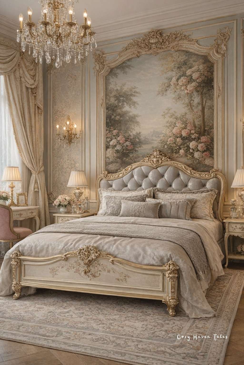 Rococo interior design bedroom with carved gold headboard, soft cream bedding, and decorative wall mural.