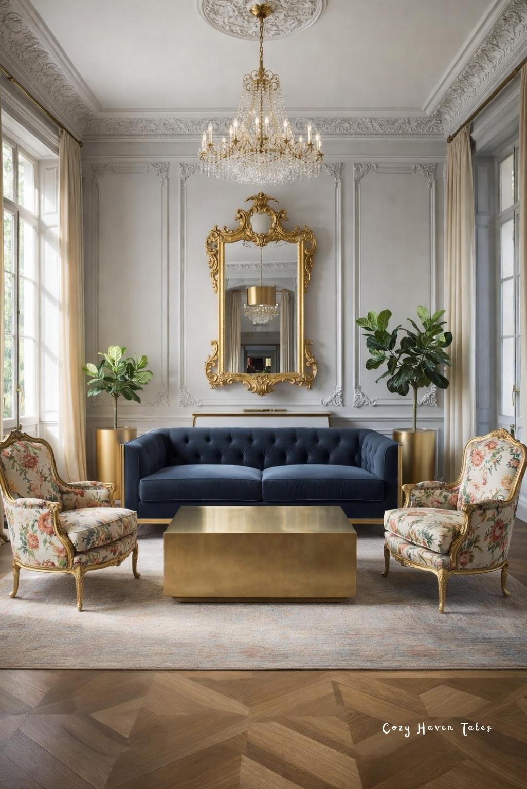 Refined rococo interior design living room with blue velvet sofa, gold framed mirror, and ornate ceiling moldings.