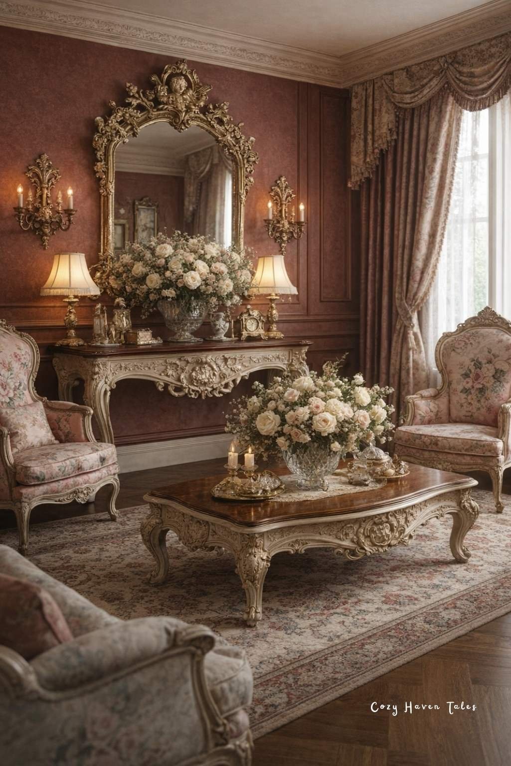 Dramatic rococo interior design sitting room with dark walls, gold mirror, carved fireplace, and antique furnishings.