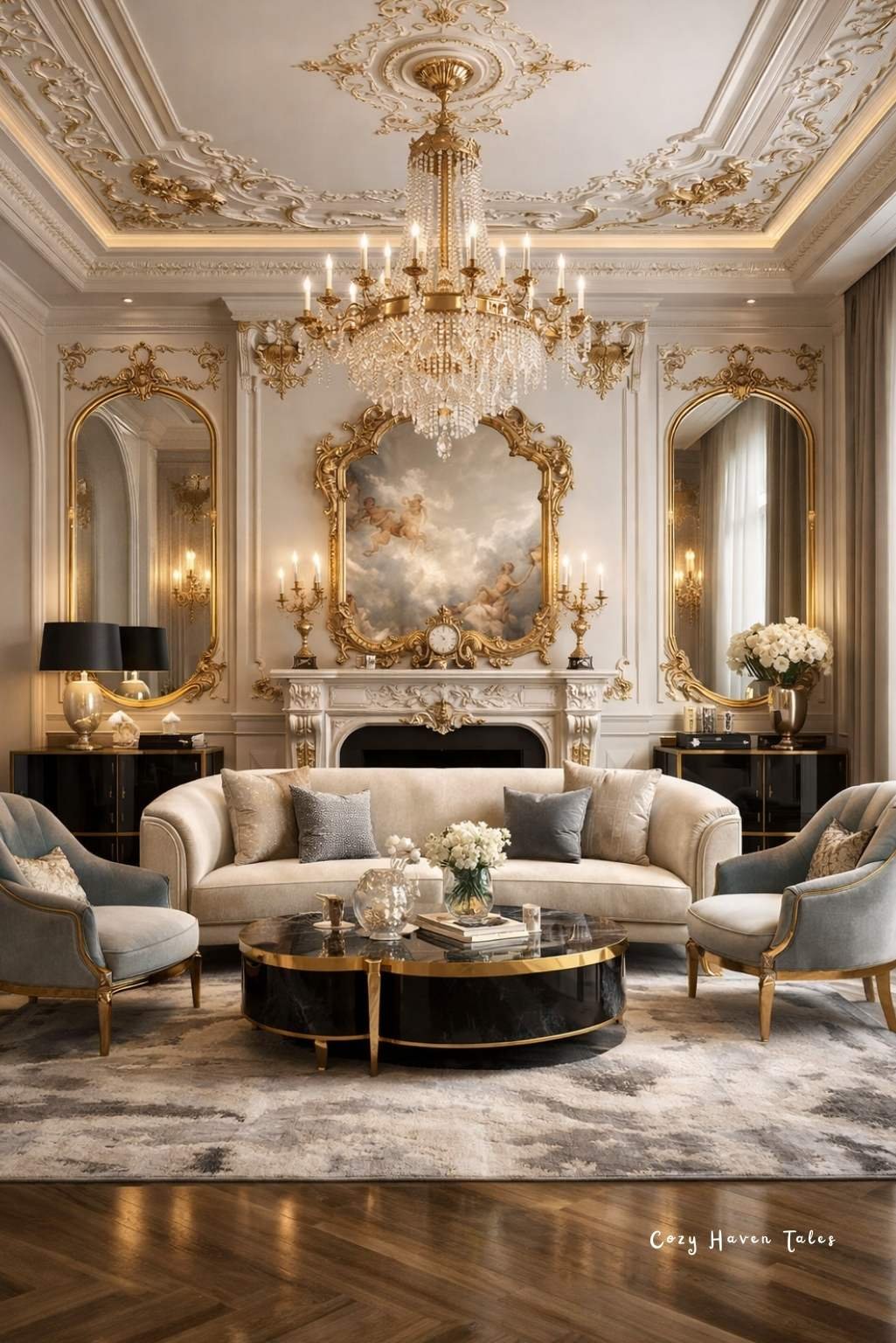 Ornate French-style living room with crystal chandelier, curved seating, and gold-trimmed wall panels.