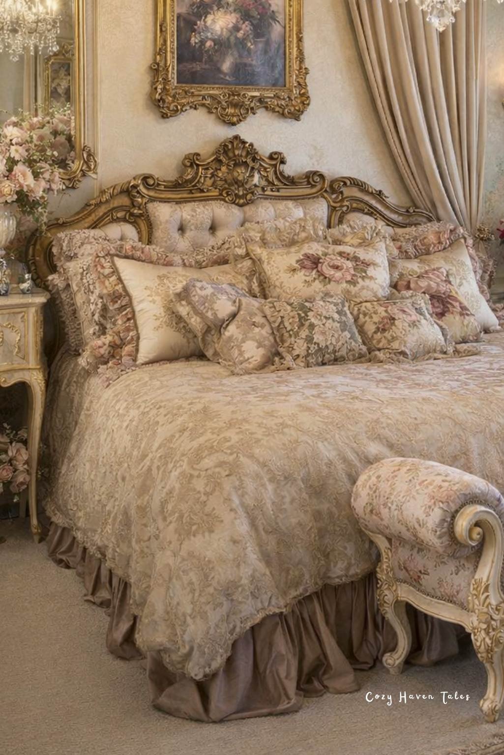 Luxurious bedroom with carved gold bed frame, layered bedding, and heavy draped curtains.