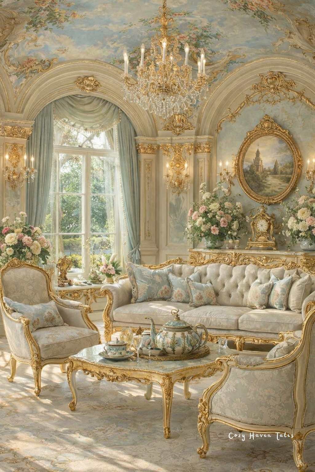 Bright ornate living room with curved sofa, gilded coffee table, and large arched windows.