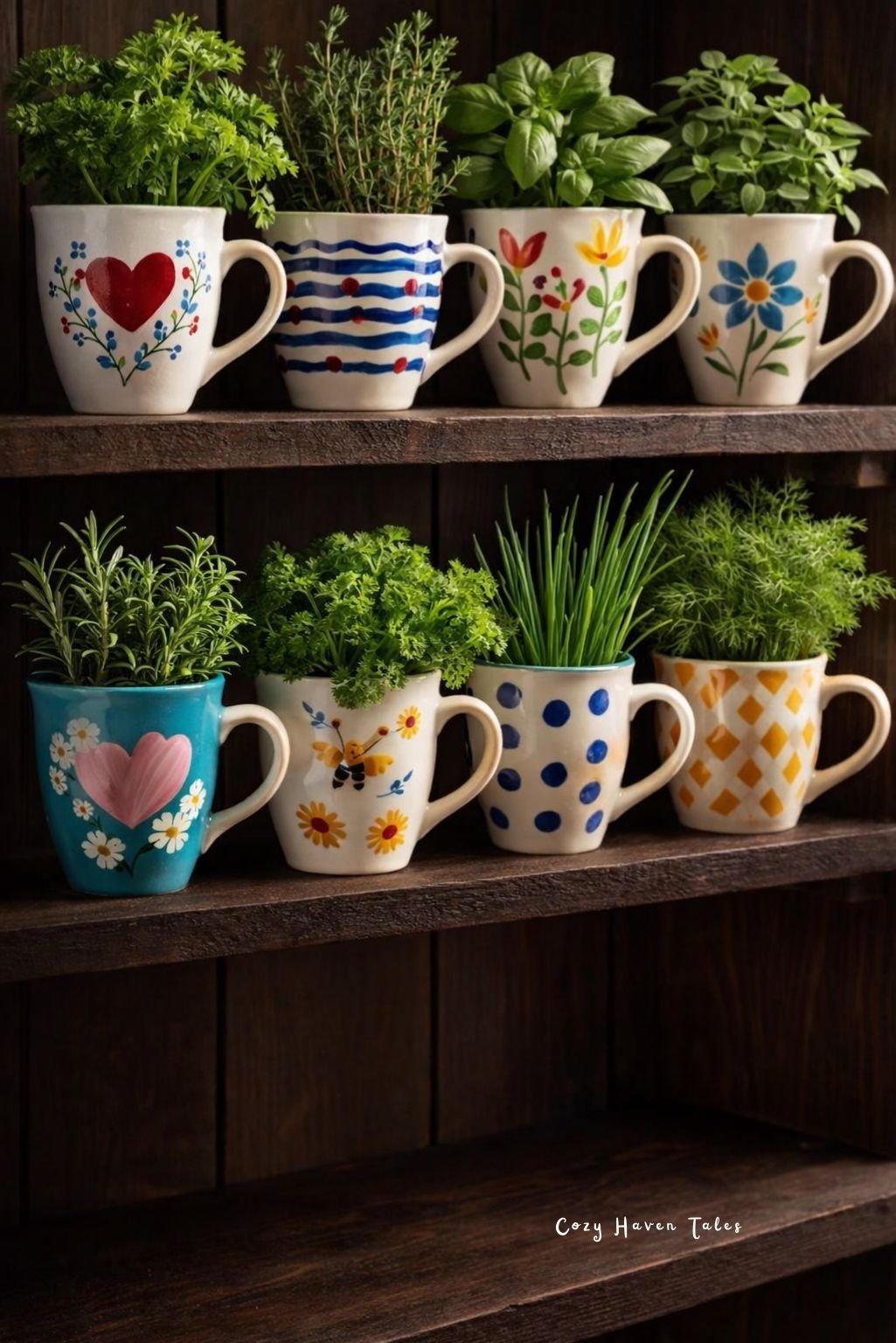 tea-cup-garden-idea featuring colorful teacups arranged on rustic wooden shelves with small green plants