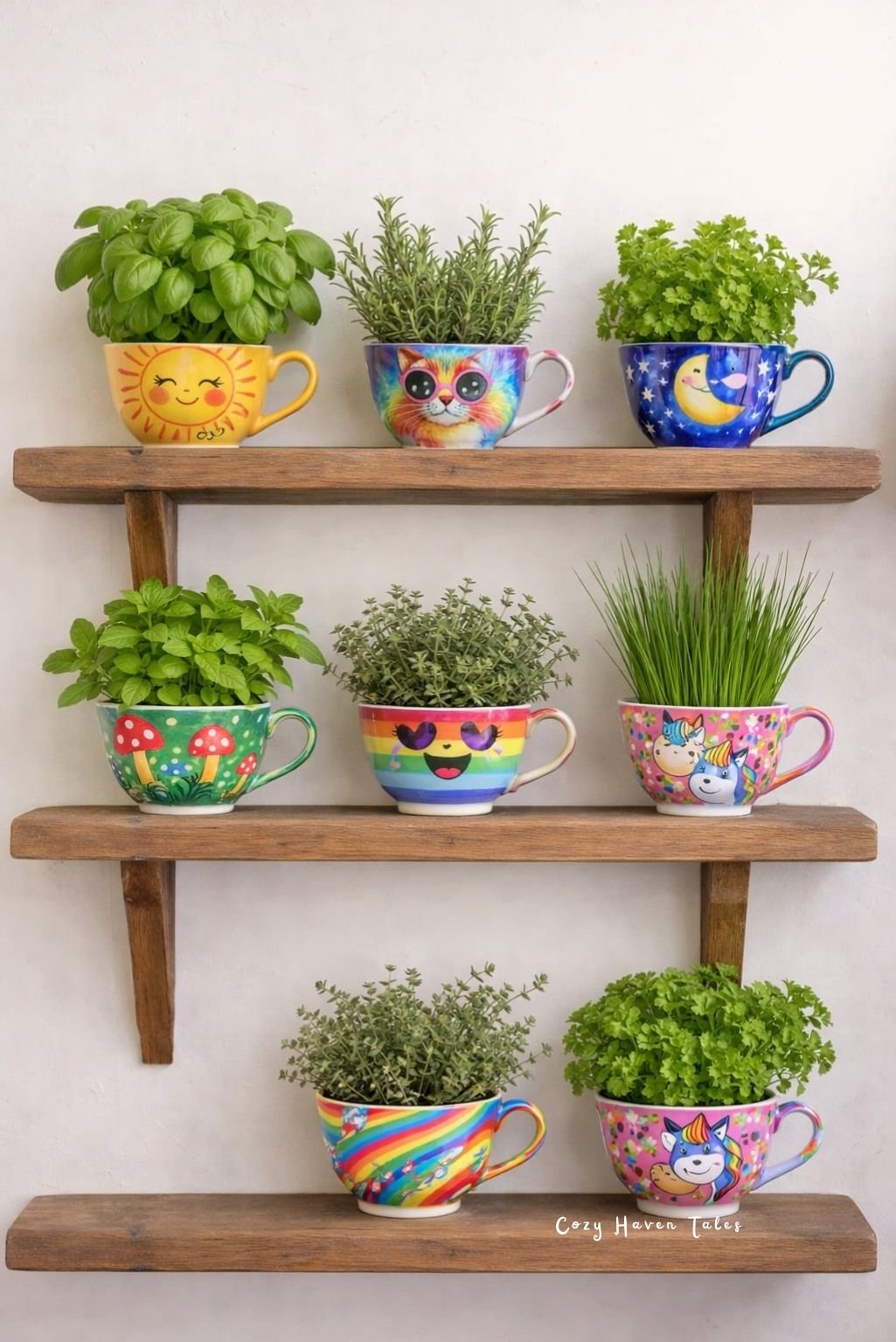 colorful teacup planters displayed on wooden wall shelves