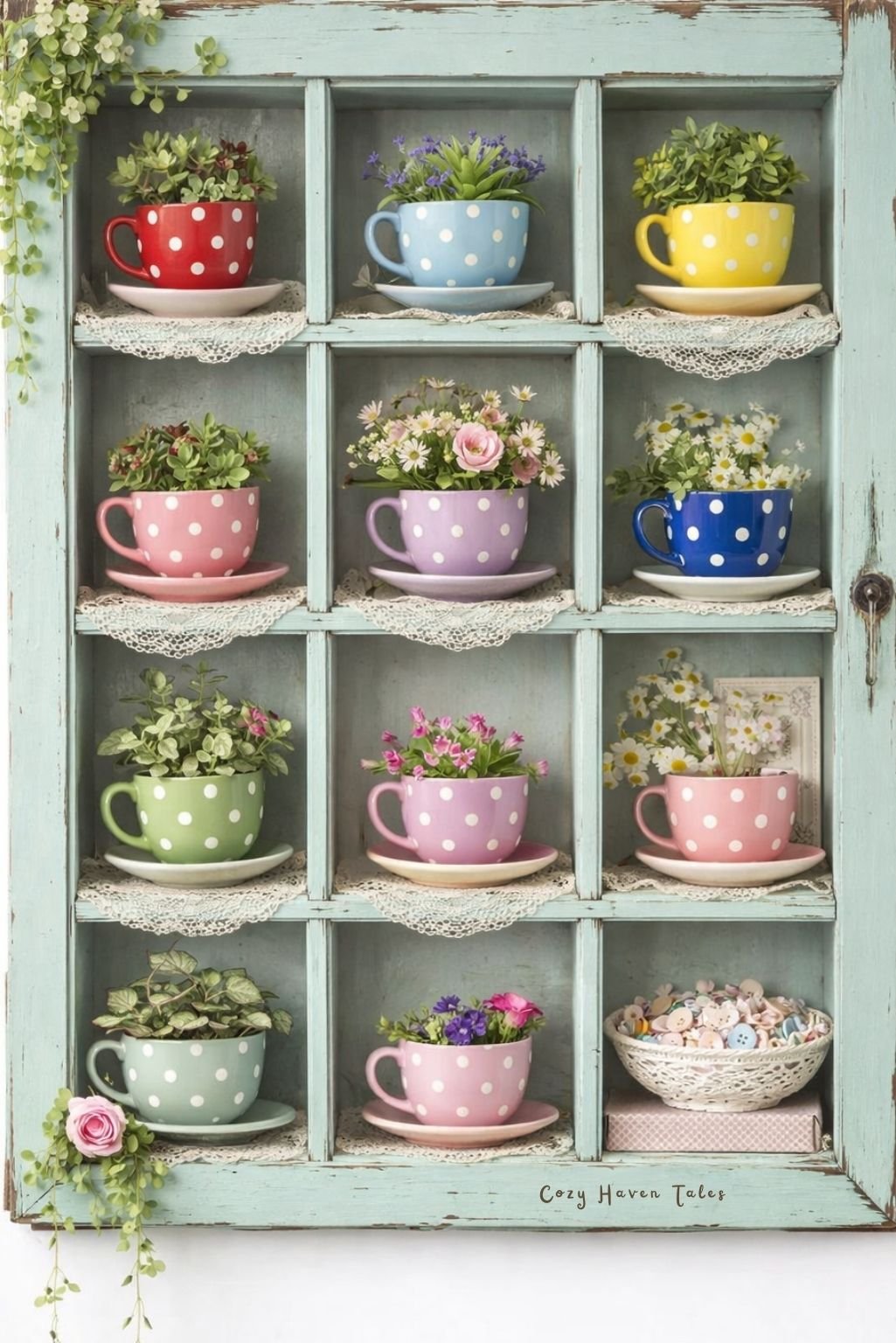 vintage cabinet filled with teacup planters and herbs