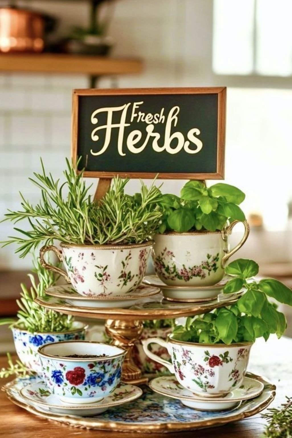 stacked teacups with herbs and decorative sign