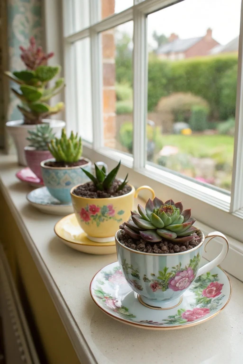 teacup succulent planter placed on a bright windowsill