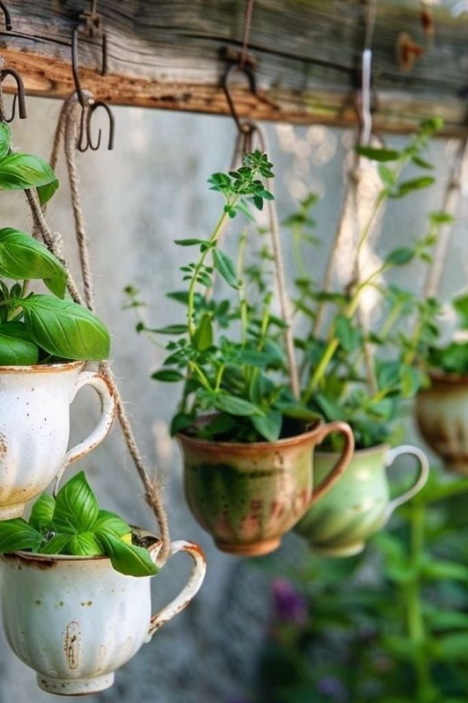 outdoor teacup garden display with plants hanging and on shelves