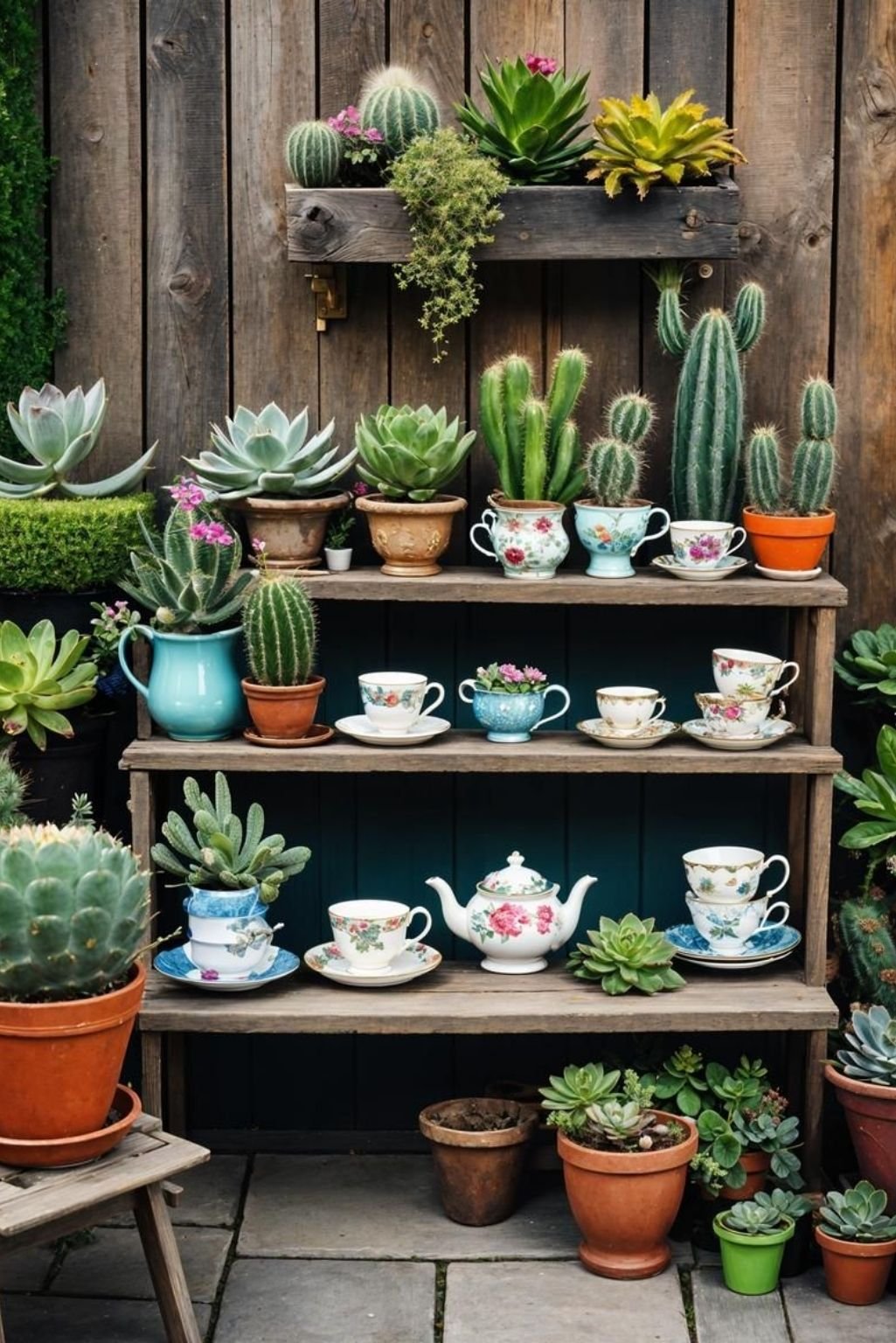 antique shelving unit filled with teacups used as planters