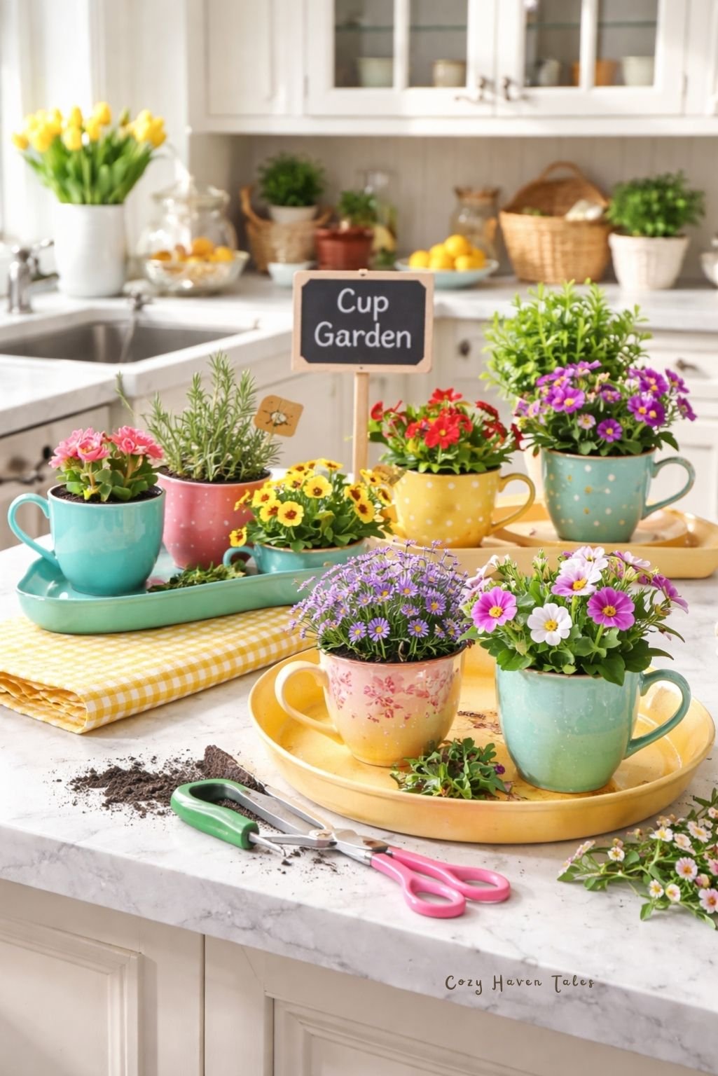 teacup garden idea with pastel teacups filled with succulents on a bright kitchen counter