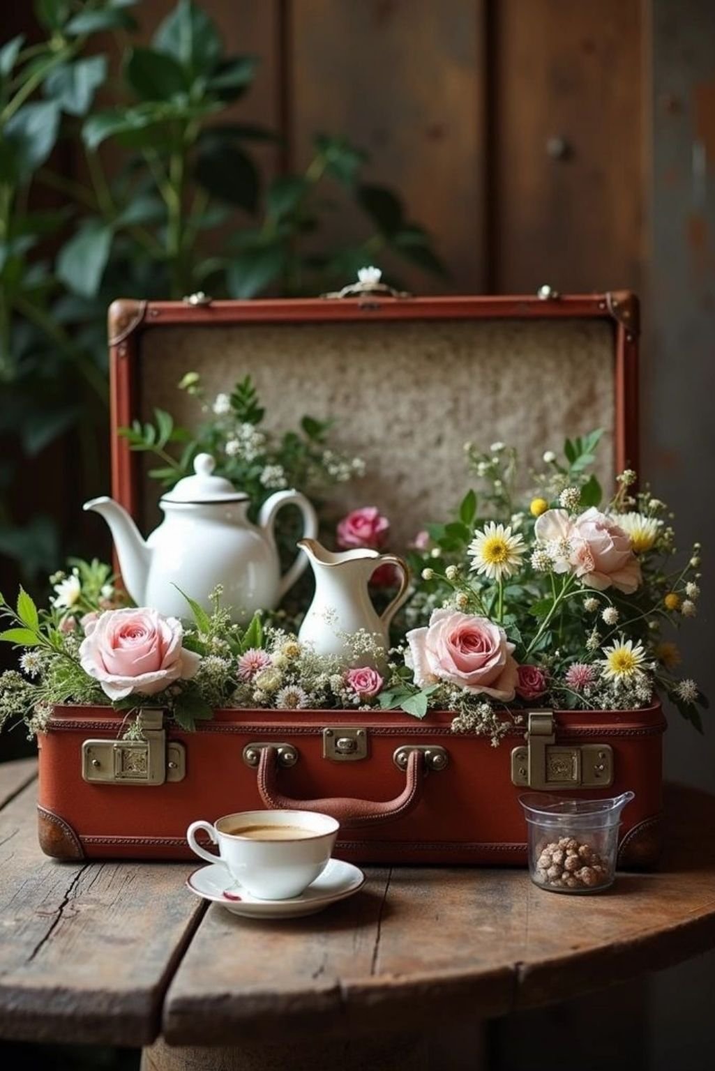 suitcase-style display filled with teacup flower arrangements