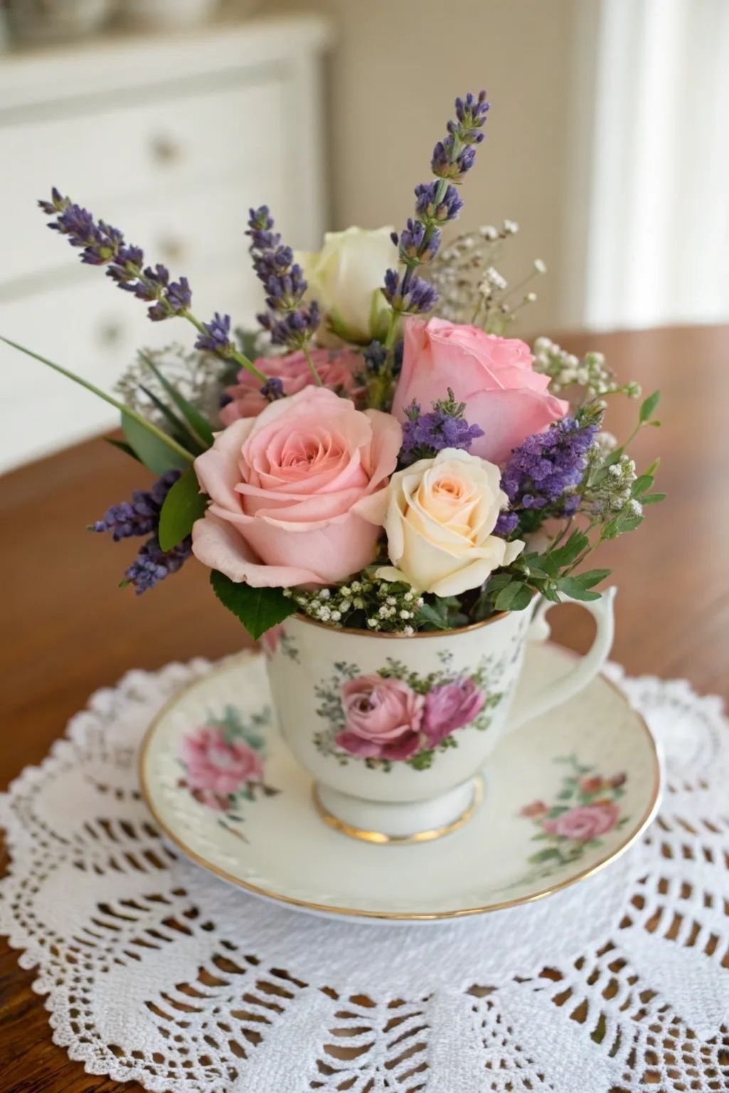 teacup floral centerpiece with roses and greenery