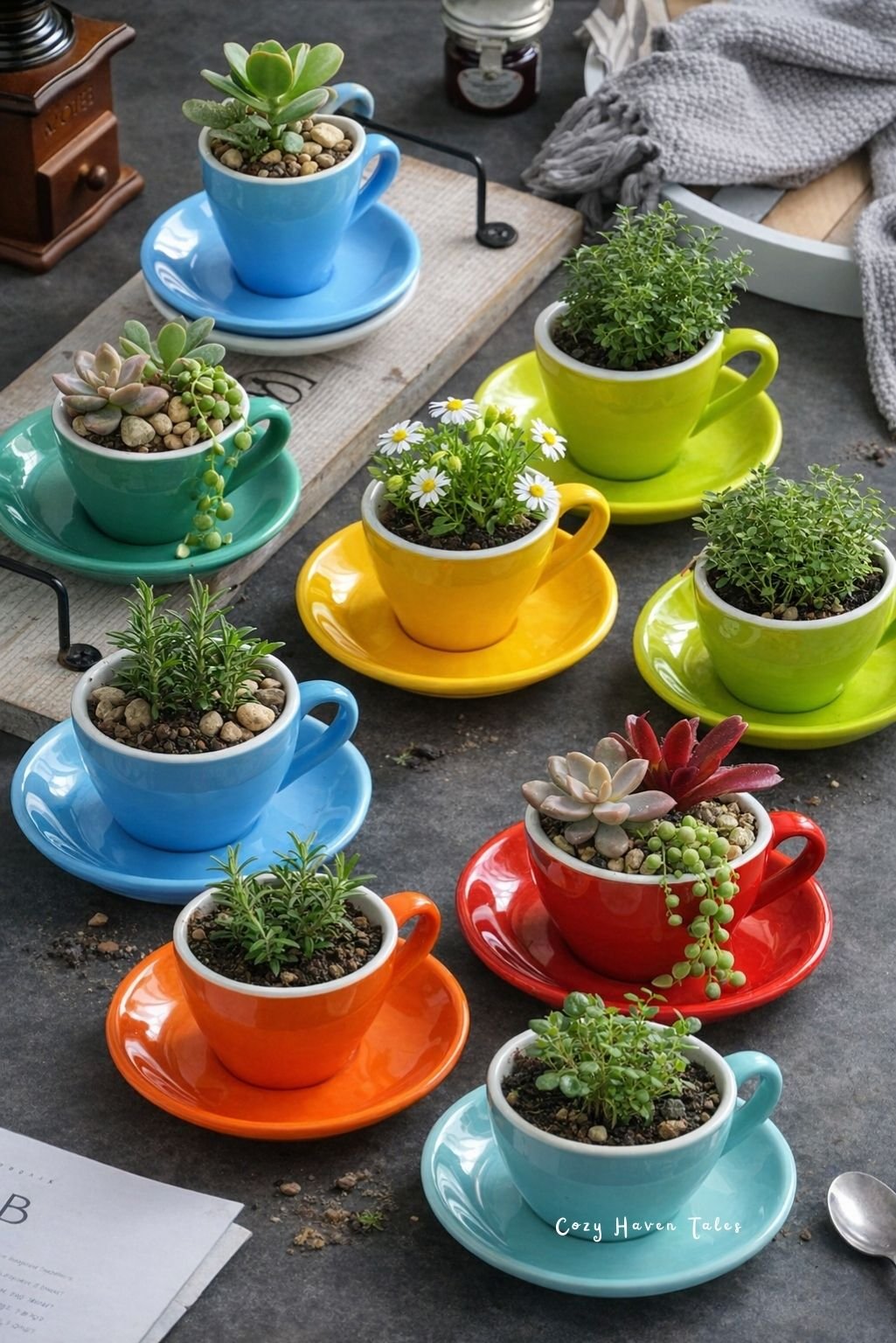 tea cup garden idea displaying vibrant teacups and saucers used as small plant pots