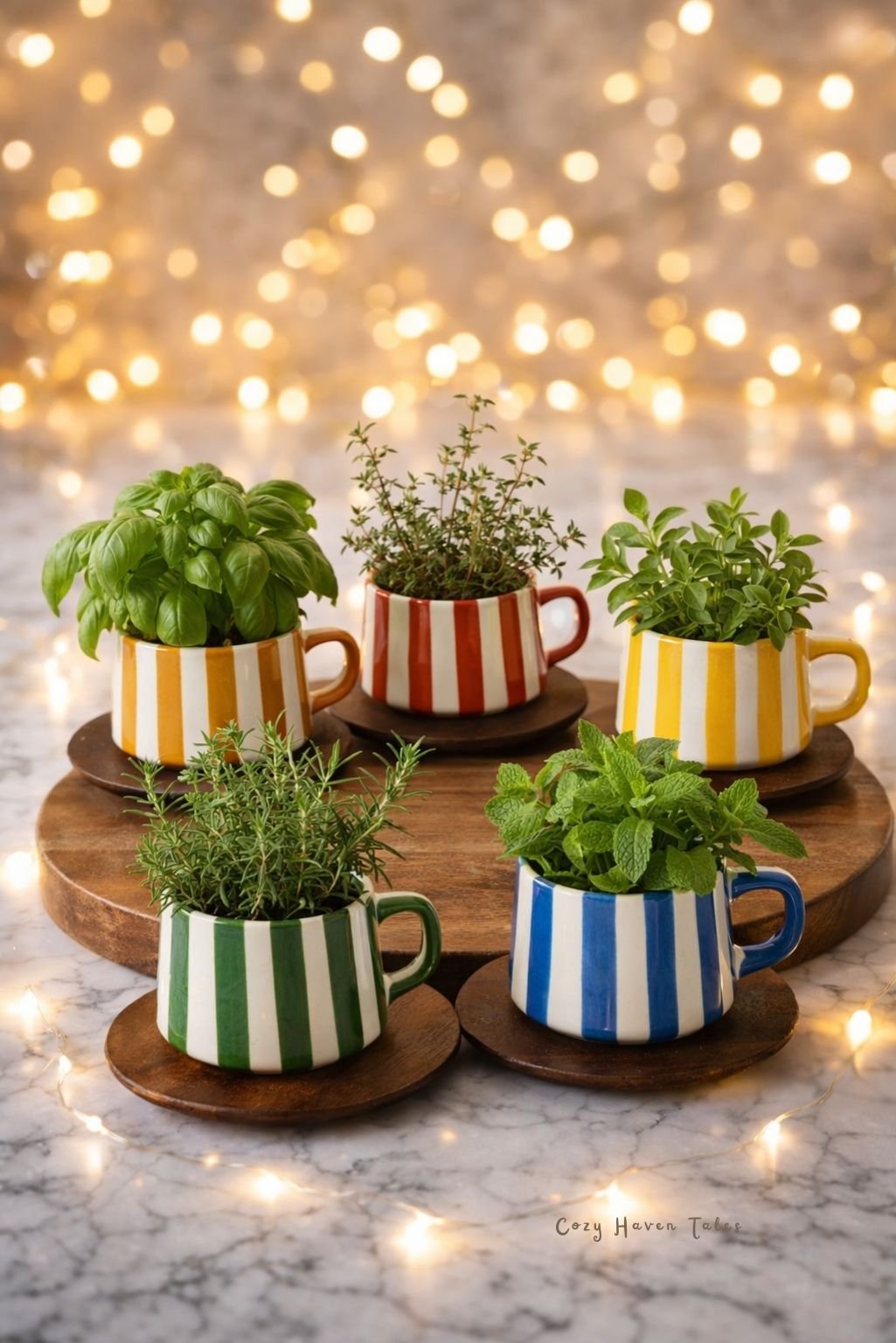 tea-cup-garden-idea with glowing fairy lights and teacup planters on a table