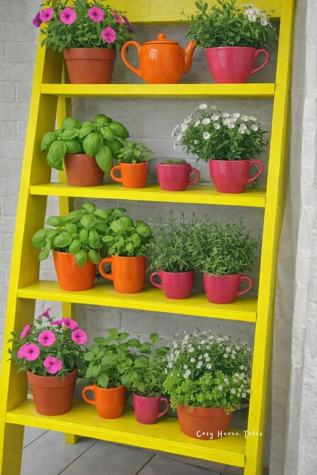 tea-cup-garden-idea using a painted ladder shelf filled with teacup planters
