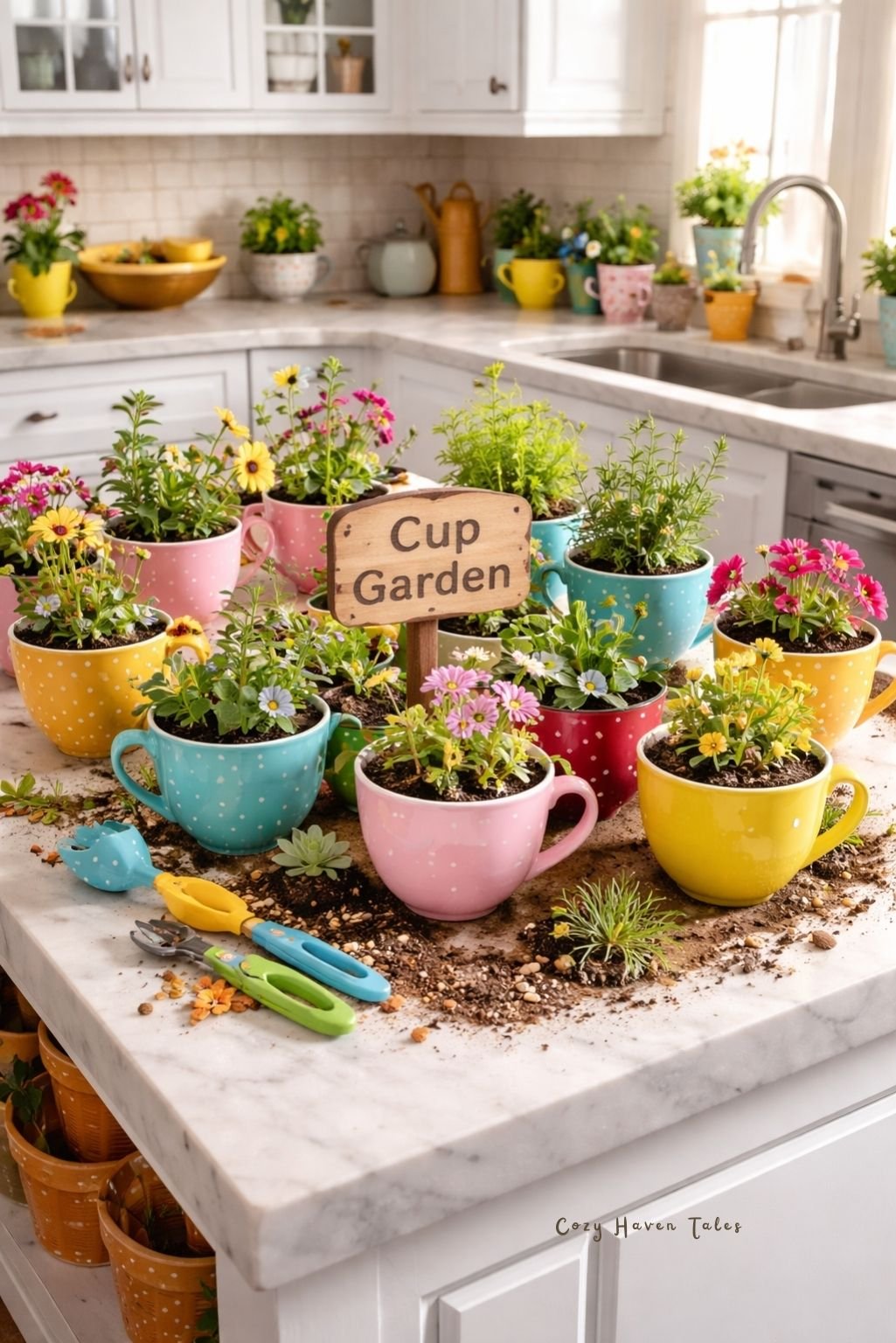 tea-cup-garden-idea featuring floral teacups used as herb planters on a countertop