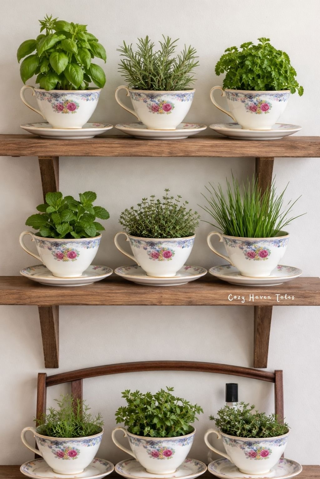 tea-cup-garden-idea with white teacups and saucers holding small green plants