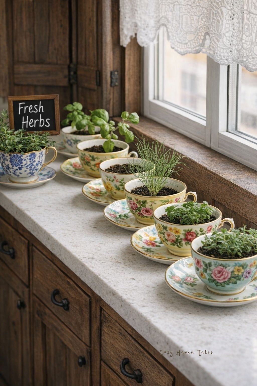 tea-cup-garden-idea featuring teacup planters lined along a sunny windowsill