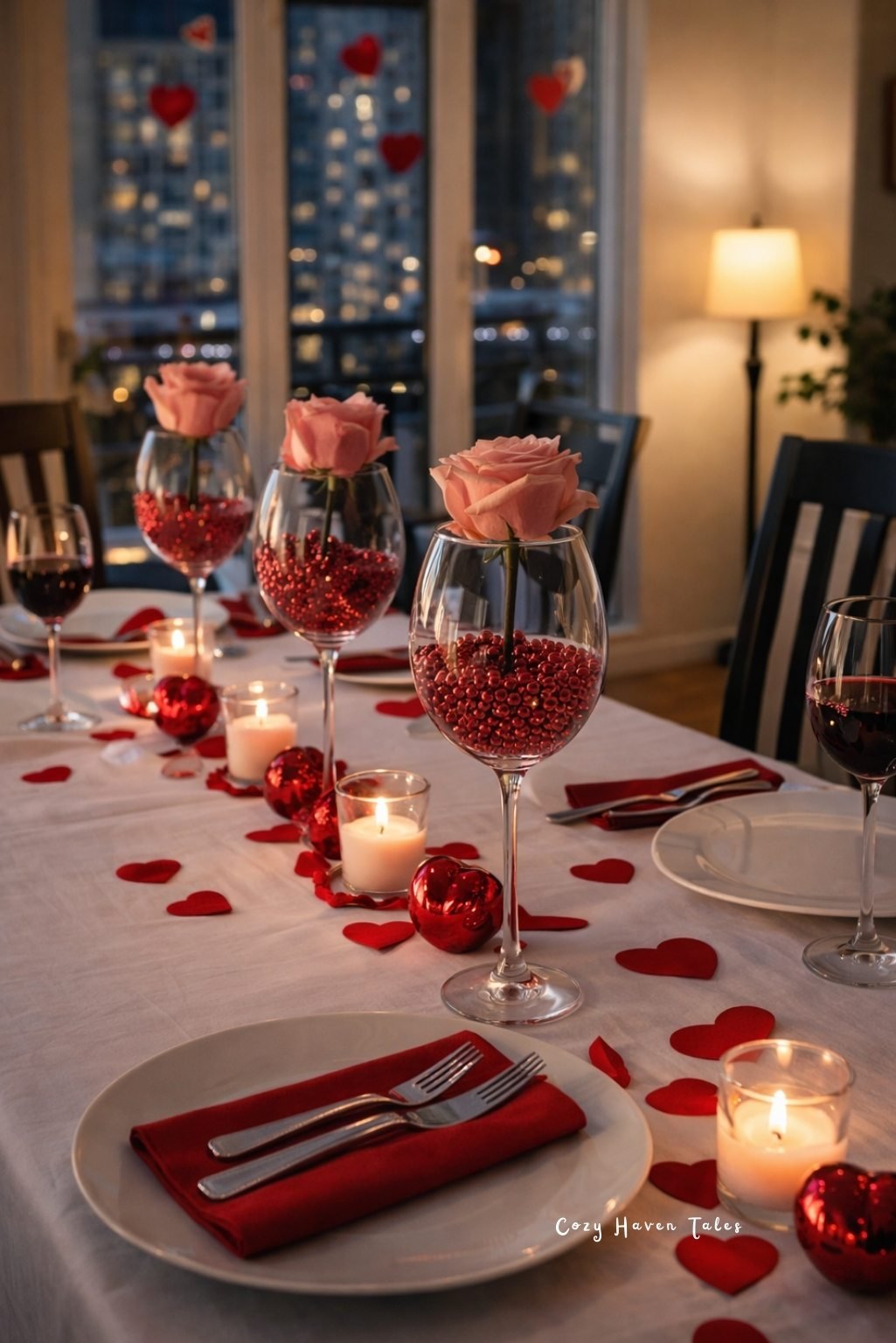 Men friendly ideas to decorate a table for Valentine’s Day with candles, rose petals, and romantic dinner setup