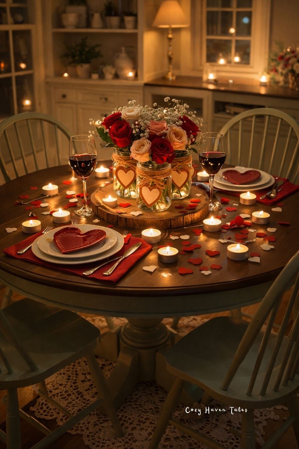 Men friendly ideas to decorate a table for Valentine’s Day with warm candles and floral centerpiece