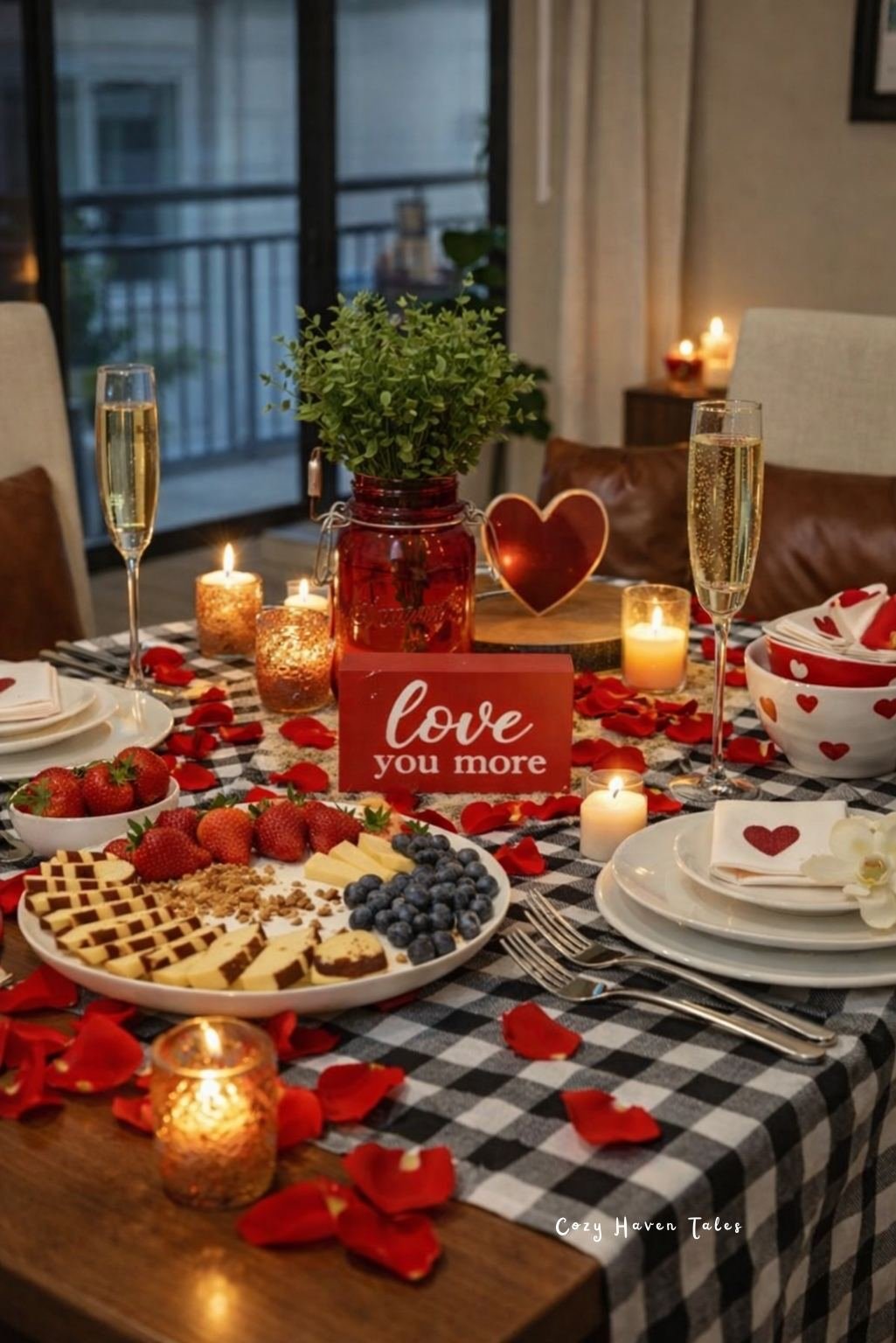 Romantic Valentine’s table decor with red accents and cozy candle lighting