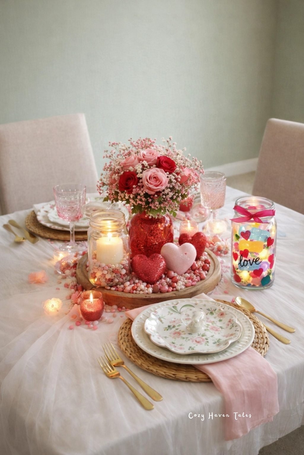 Minimal Valentine’s Day table decoration with flowers and tea lights