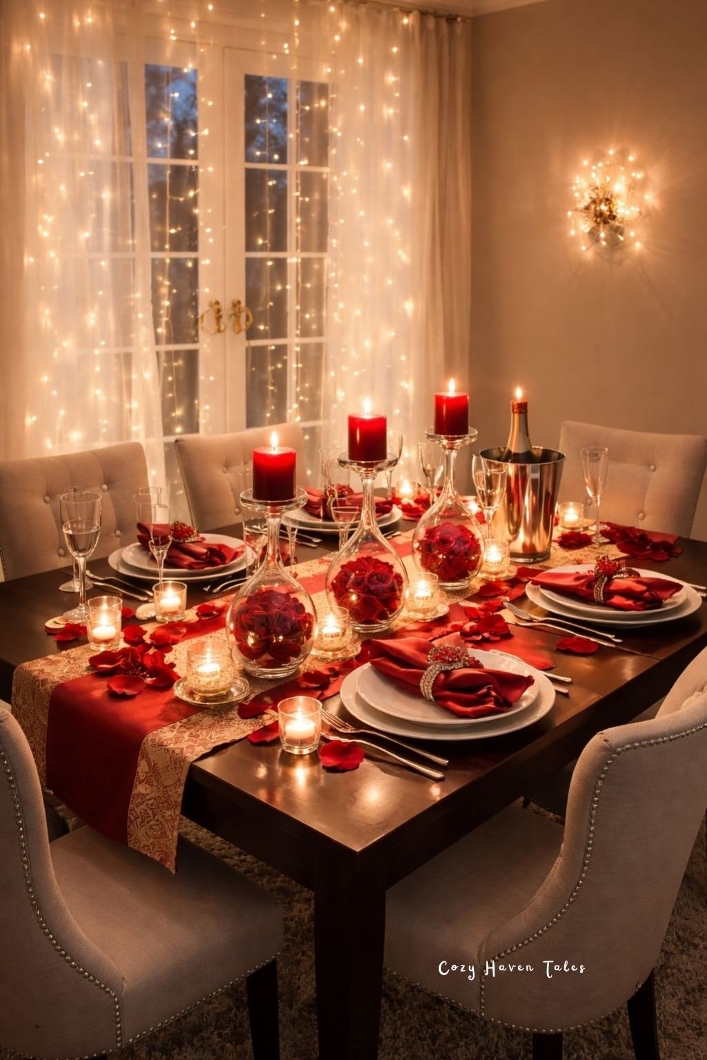 Romantic dining table setup with string lights and red themed decor
